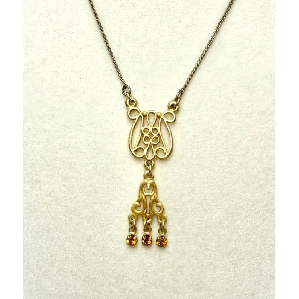 Vintage 90s Art Nouveau Gold Tone Floral Scroll Pendant Necklace 16in